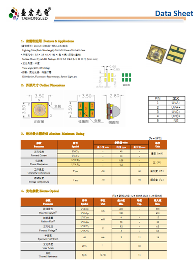 双波段紫光led灯珠 3535深紫外 275+395nm 球头紫光灯珠60度 5-10mW 消毒杀菌净化检测